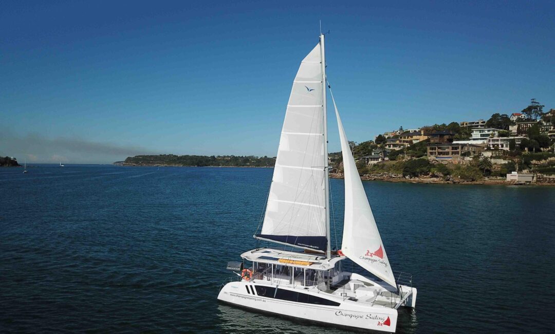 A white catamaran named "Escape Series" with its sails up navigates calm, azure waters near a coastal area boasting lush, green hills and several charming houses. The sky is clear and blue, indicating beautiful, sunny weather. 
