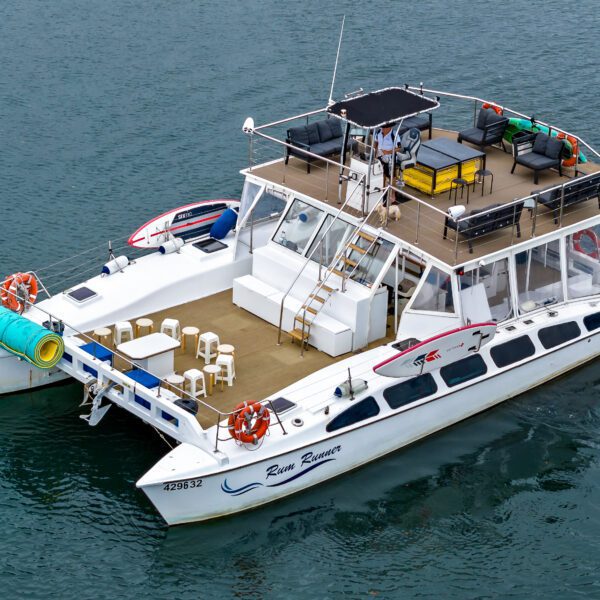 An overhead view of a large white catamaran on a body of water. The boat features multiple areas for seating, both open-air and partially covered, with lounge chairs and tables. Life preservers and surfboards are visible onboard.