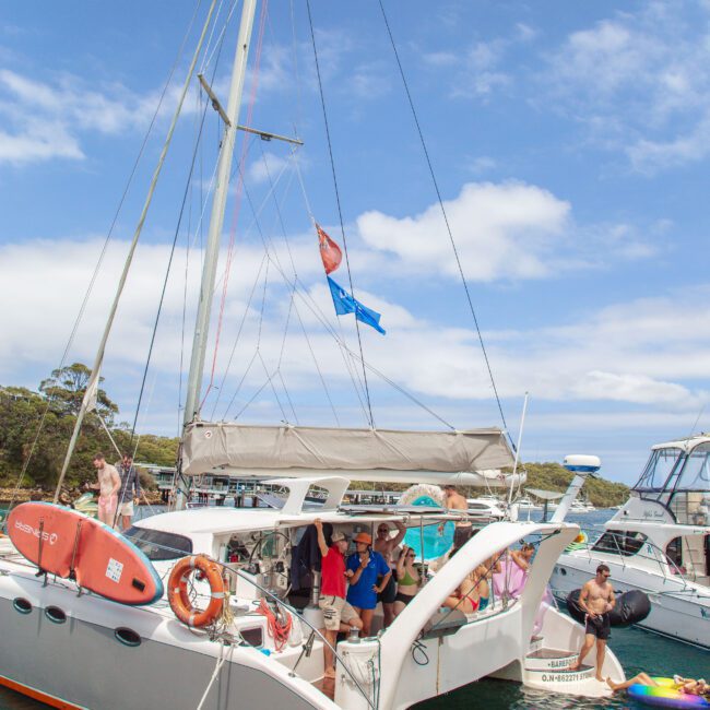 A group of people stands and sits on a white catamaran yacht anchored near the shore, enjoying a sunny day. Some people are swimming, while others relax on the deck and nearby boats. Trees and blue sky are visible in the background.