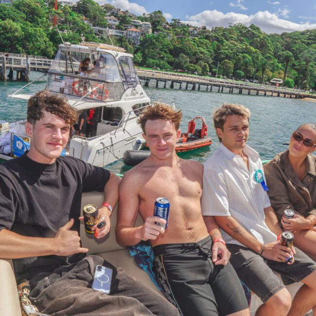 Four young adults relax on a boat, holding canned drinks, with water, a dock, another boat, and lush green trees in the background. They are enjoying a sunny day, smiling and wearing casual summer clothes.