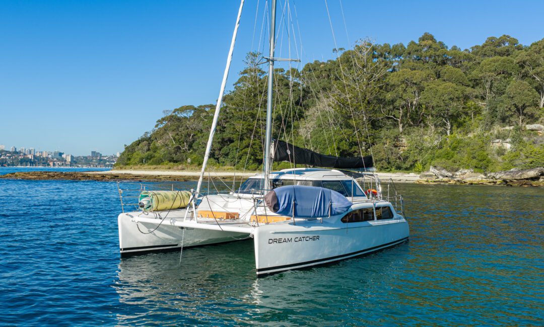 A white catamaran named “Dream Catcher” floats on calm blue water near a green, tree-lined shore under a clear blue sky.