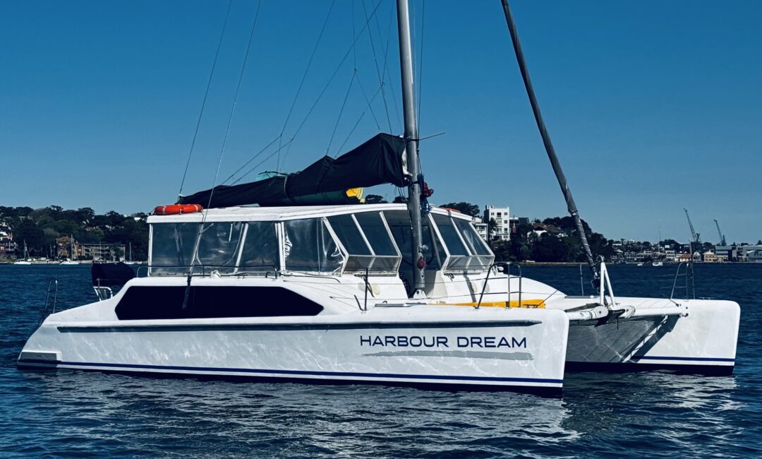 A white catamaran named “Harbour Dream” floats on calm water under a clear blue sky, with buildings and trees visible in the distant background.